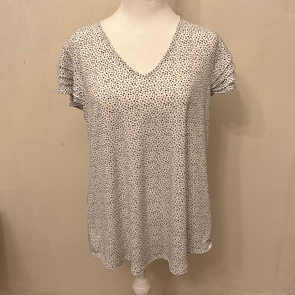 Adrianna Papell ivory print layer ruffle sleeve blouse Size L New